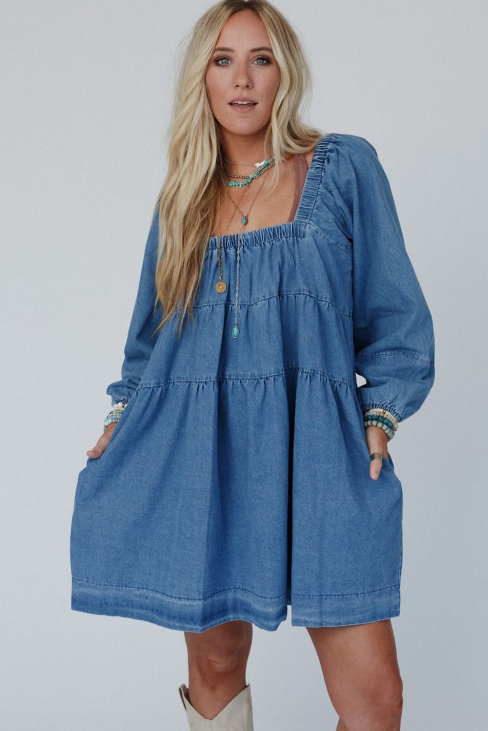 Dusk Blue Side Pockets Loose Fit Denim Mini Dress - MAD RUFFI