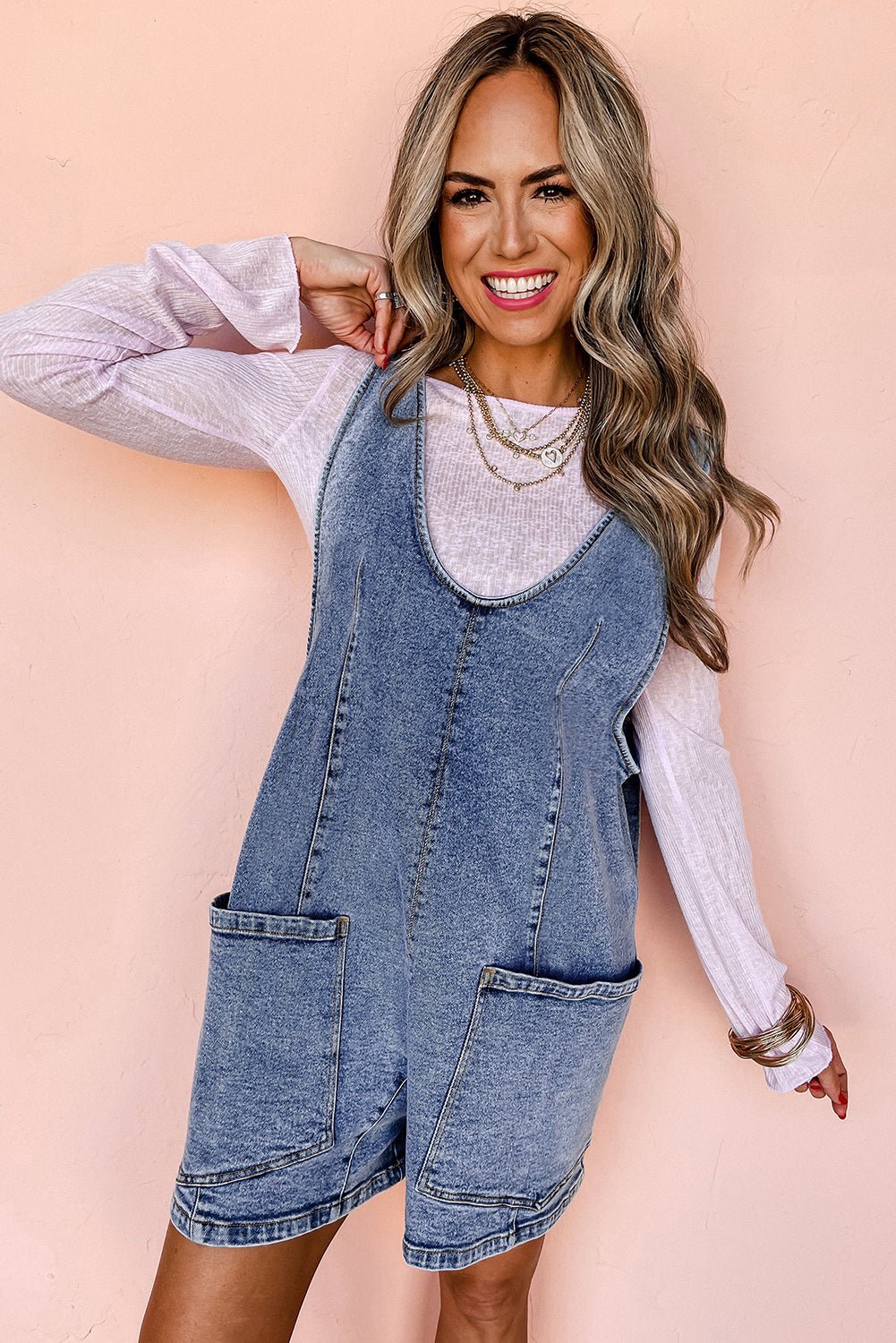 Dusk Blue Sleeveless U Neck Pocket Denim Romper - MAD RUFFI