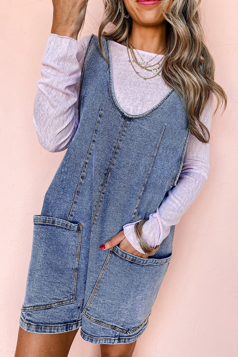 Dusk Blue Sleeveless U Neck Pocket Denim Romper - MAD RUFFI