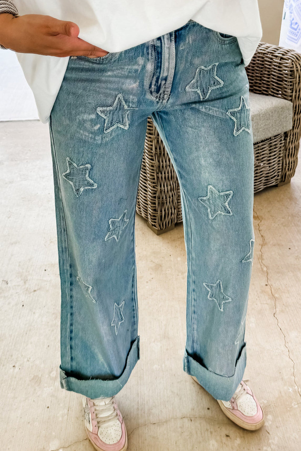 Dusk Blue Star Patched Straight Leg Loose Jeans - MAD RUFFI