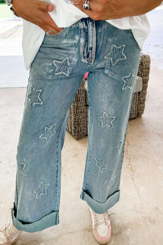 Dusk Blue Star Patched Straight Leg Loose Jeans - MAD RUFFI