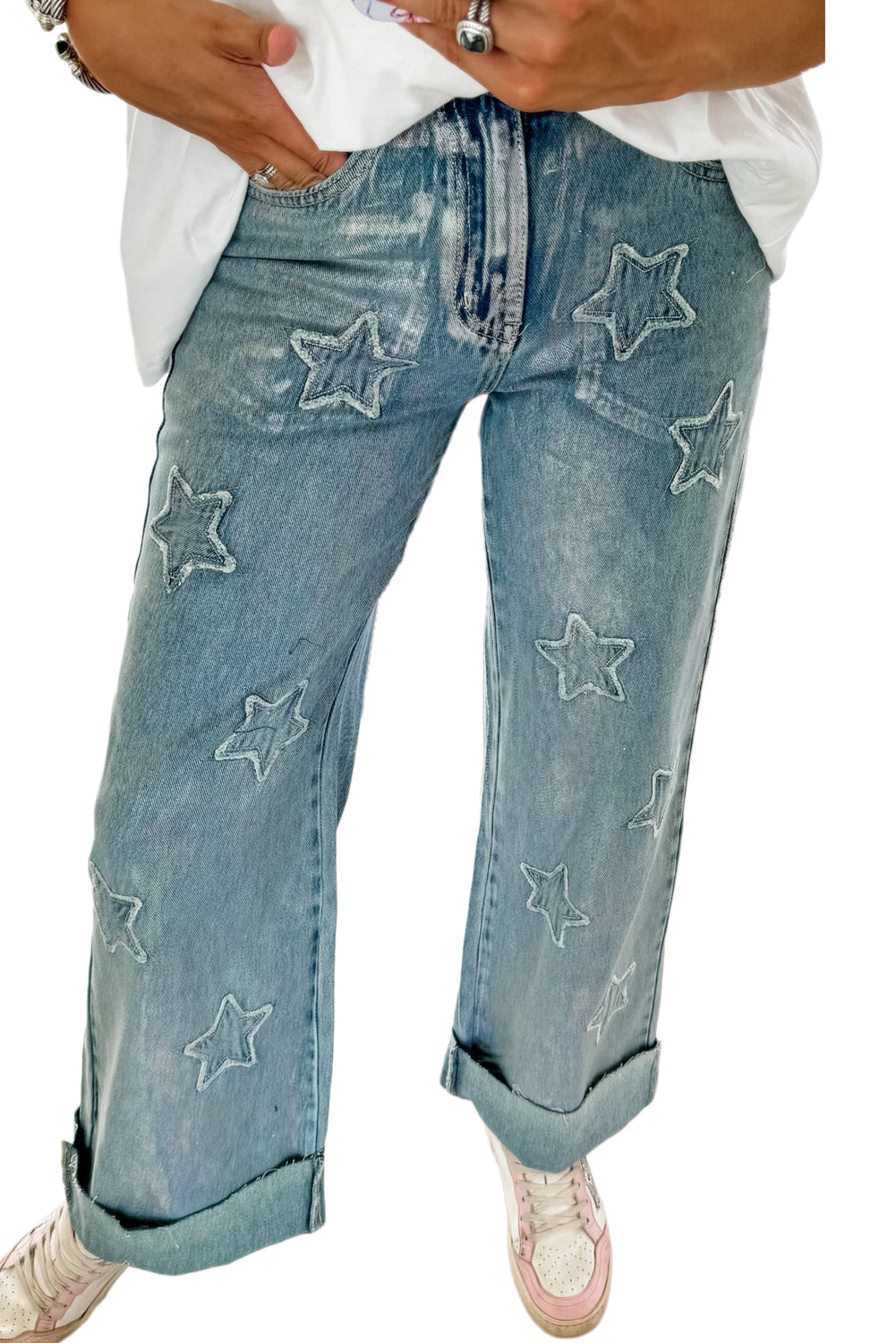 Dusk Blue Star Patched Straight Leg Loose Jeans - MAD RUFFI