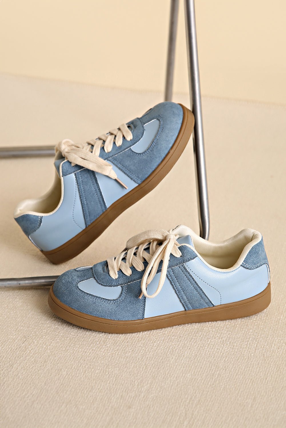 Dusk Blue Two Tone Suede Patched Lace Up Sneakers - MAD RUFFI