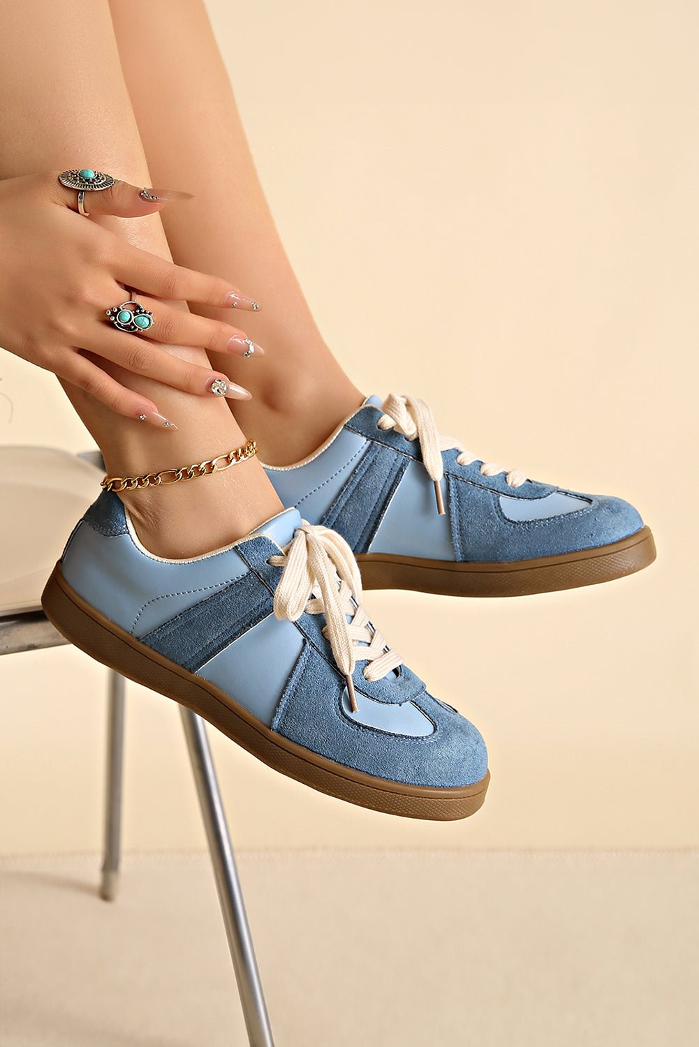 Dusk Blue Two Tone Suede Patched Lace Up Sneakers - MAD RUFFI