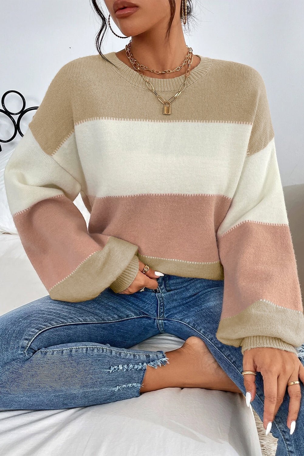 Dusty Pink Color Block Lantern Sleeve Drop Shoulder Sweater - MAD RUFFI