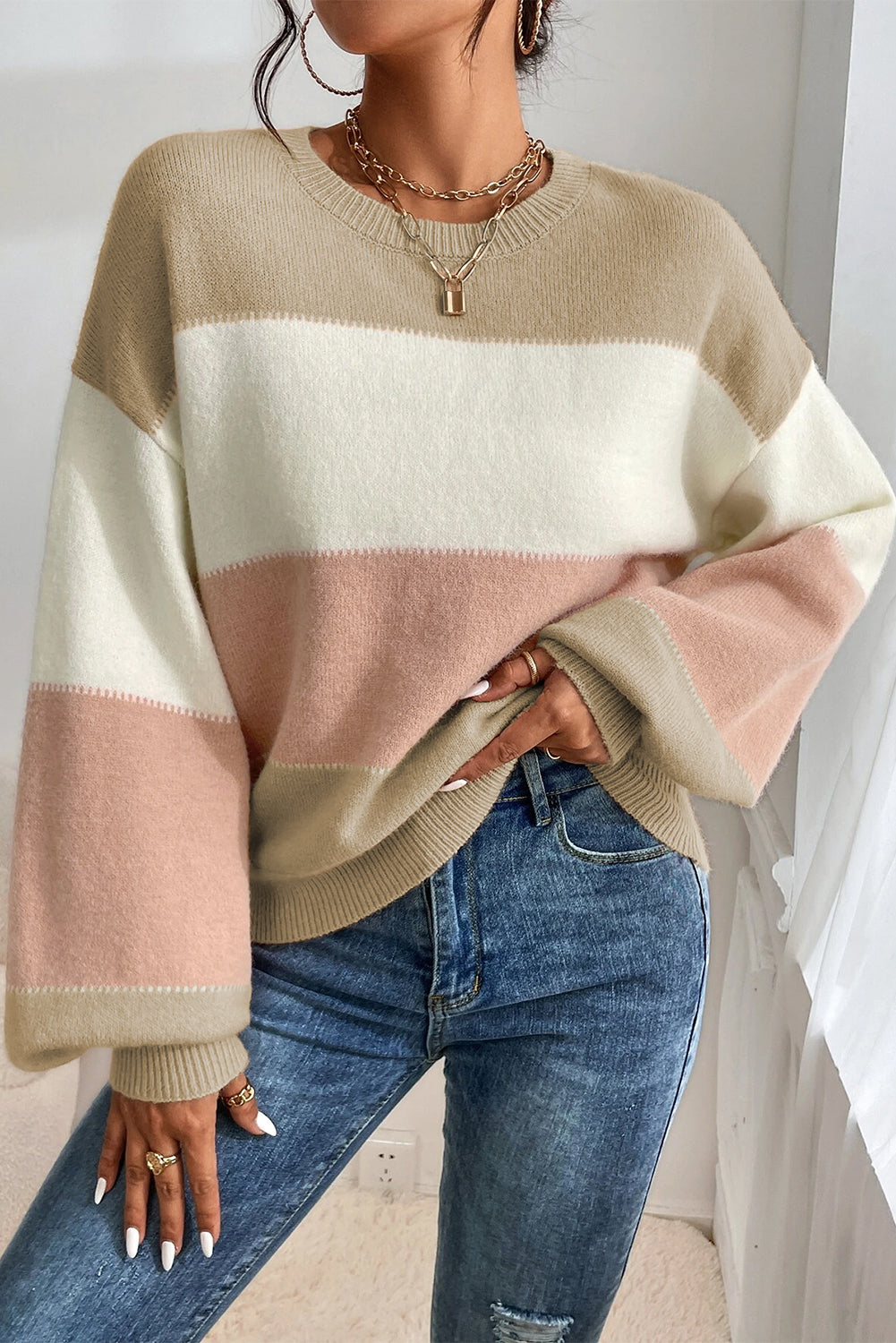 Dusty Pink Color Block Lantern Sleeve Drop Shoulder Sweater - Sweaters