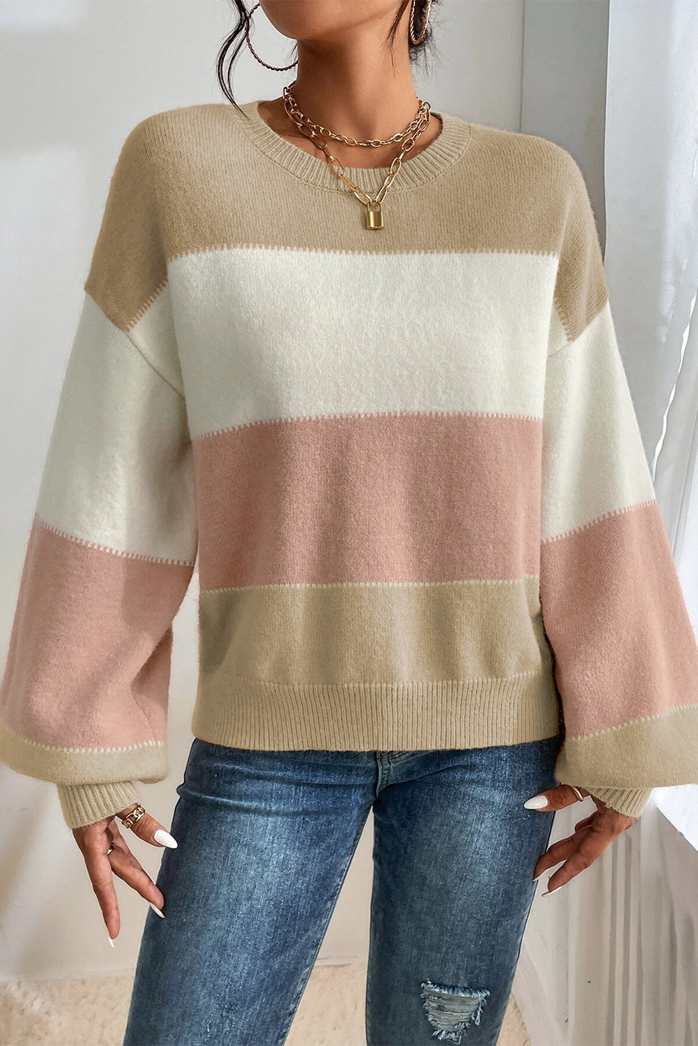 Dusty Pink Color Block Lantern Sleeve Drop Shoulder Sweater - Sweaters