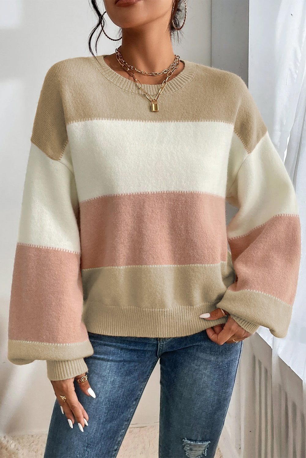 Dusty Pink Color Block Lantern Sleeve Drop Shoulder Sweater - Sweaters