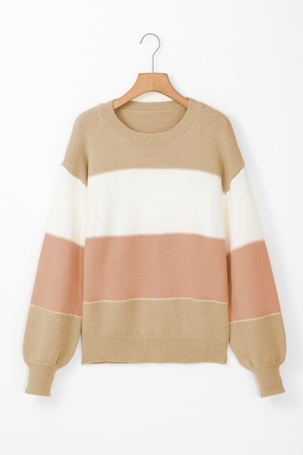 Dusty Pink Color Block Lantern Sleeve Drop Shoulder Sweater - Sweaters