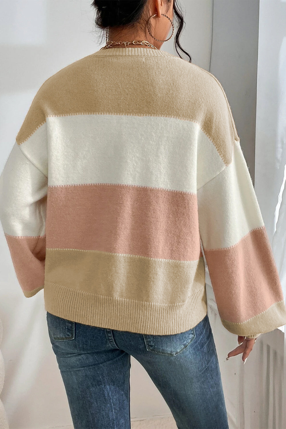 Dusty Pink Color Block Lantern Sleeve Drop Shoulder Sweater - Sweaters