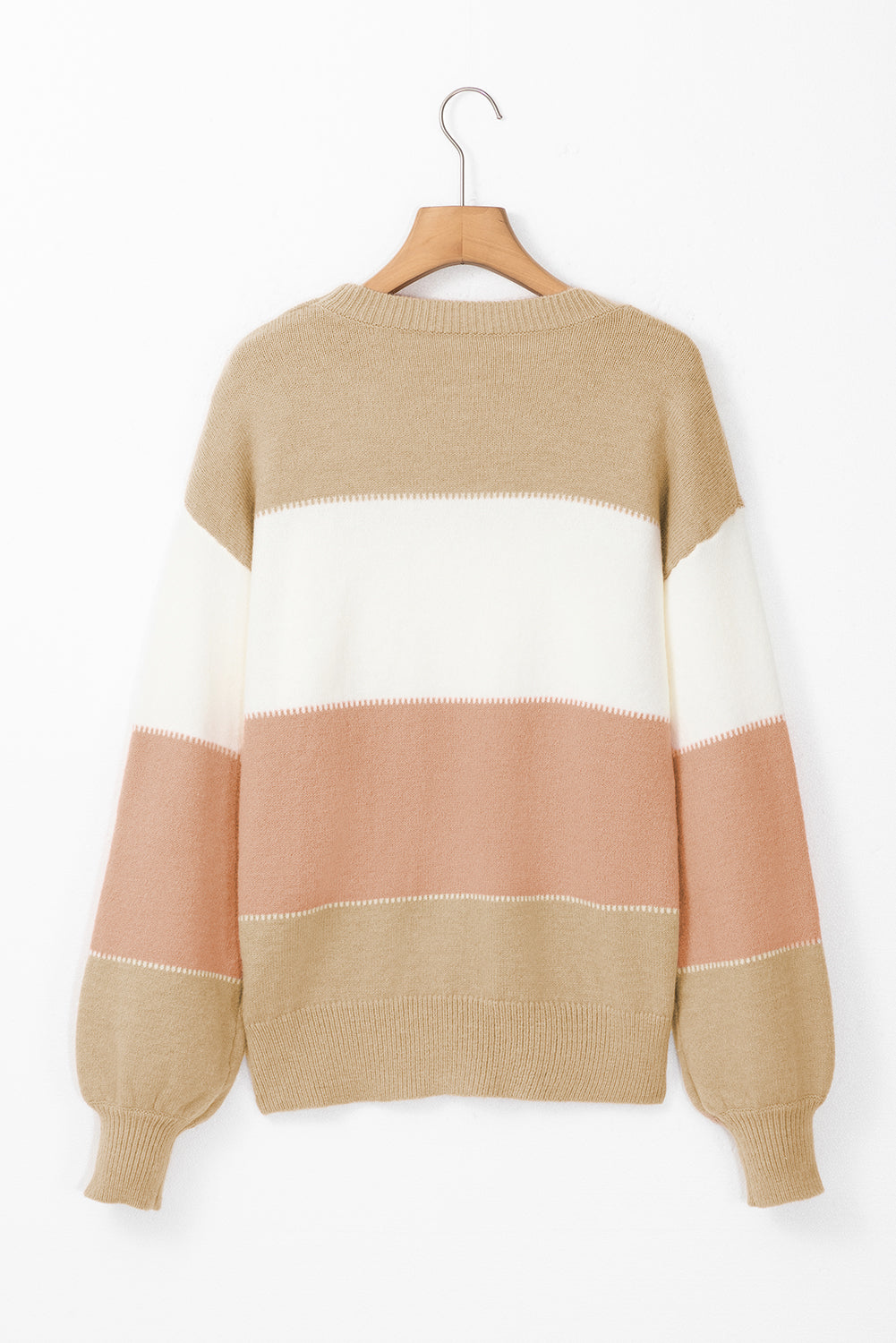 Dusty Pink Color Block Lantern Sleeve Drop Shoulder Sweater - Sweaters