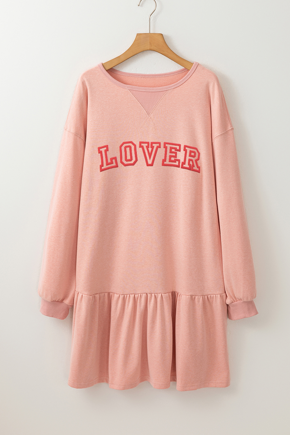 Dusty Pink LOVER Letter Long Sleeve Ruffle Hem Dress - Graphic Apparel