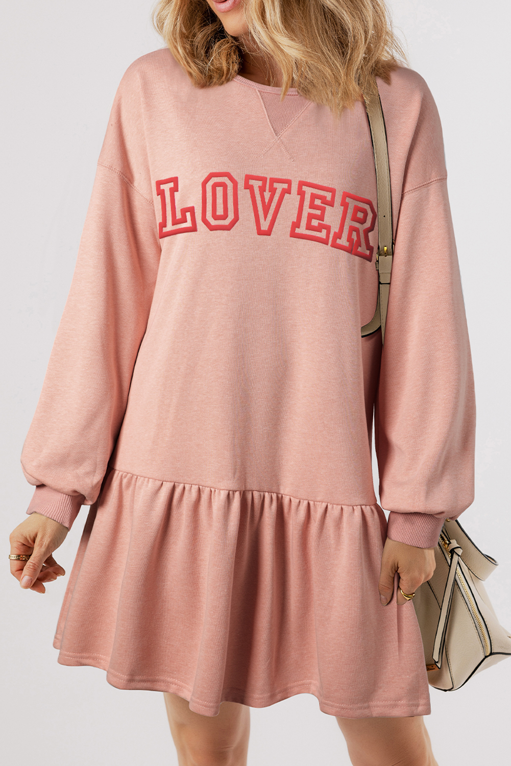 Dusty Pink LOVER Letter Long Sleeve Ruffle Hem Dress - Dusty Pink / S - Graphic Apparel