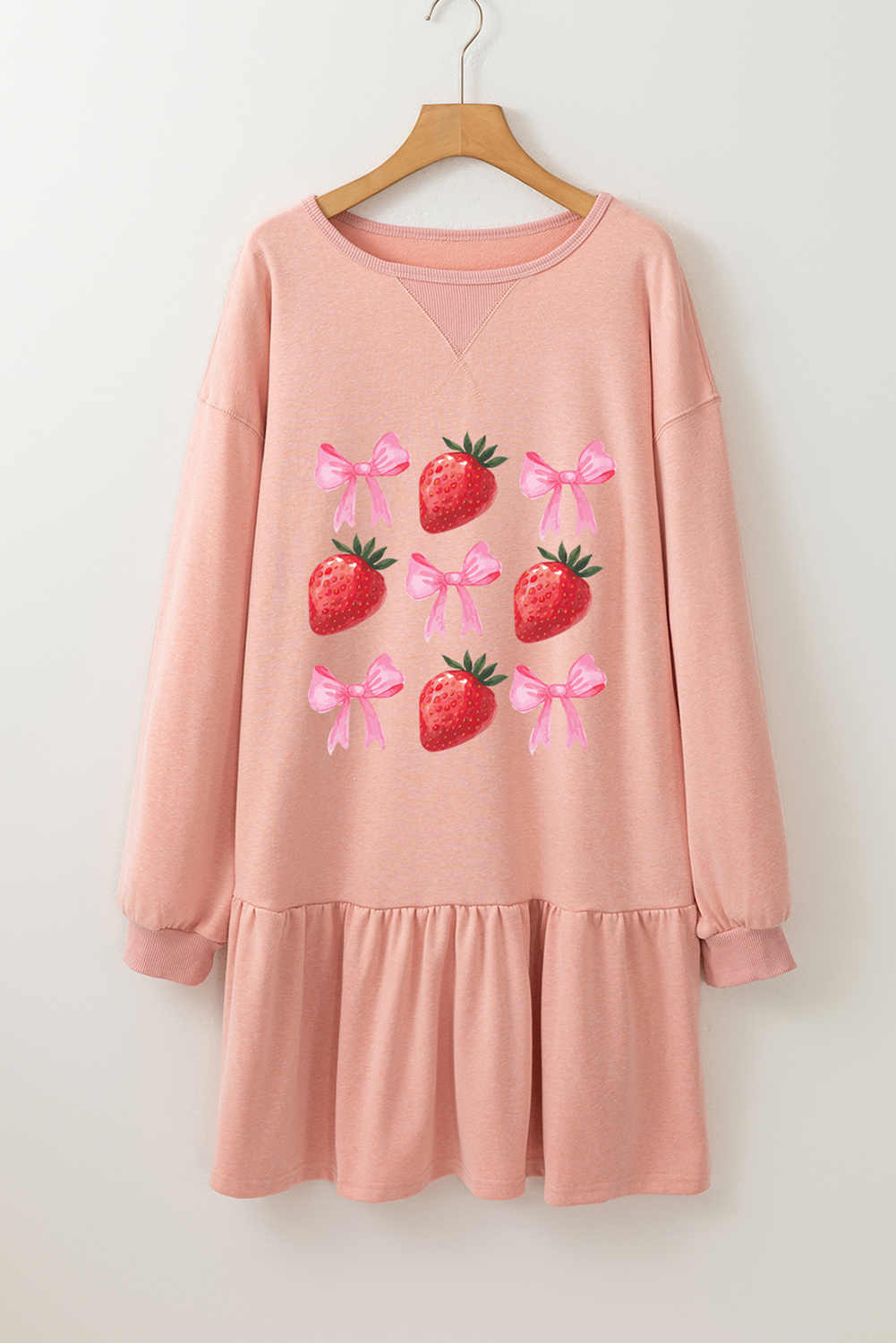 Dusty Pink Strawberry Bowknot Graphic Heat Transfer Ruffle Mini Dress - Graphic Apparel