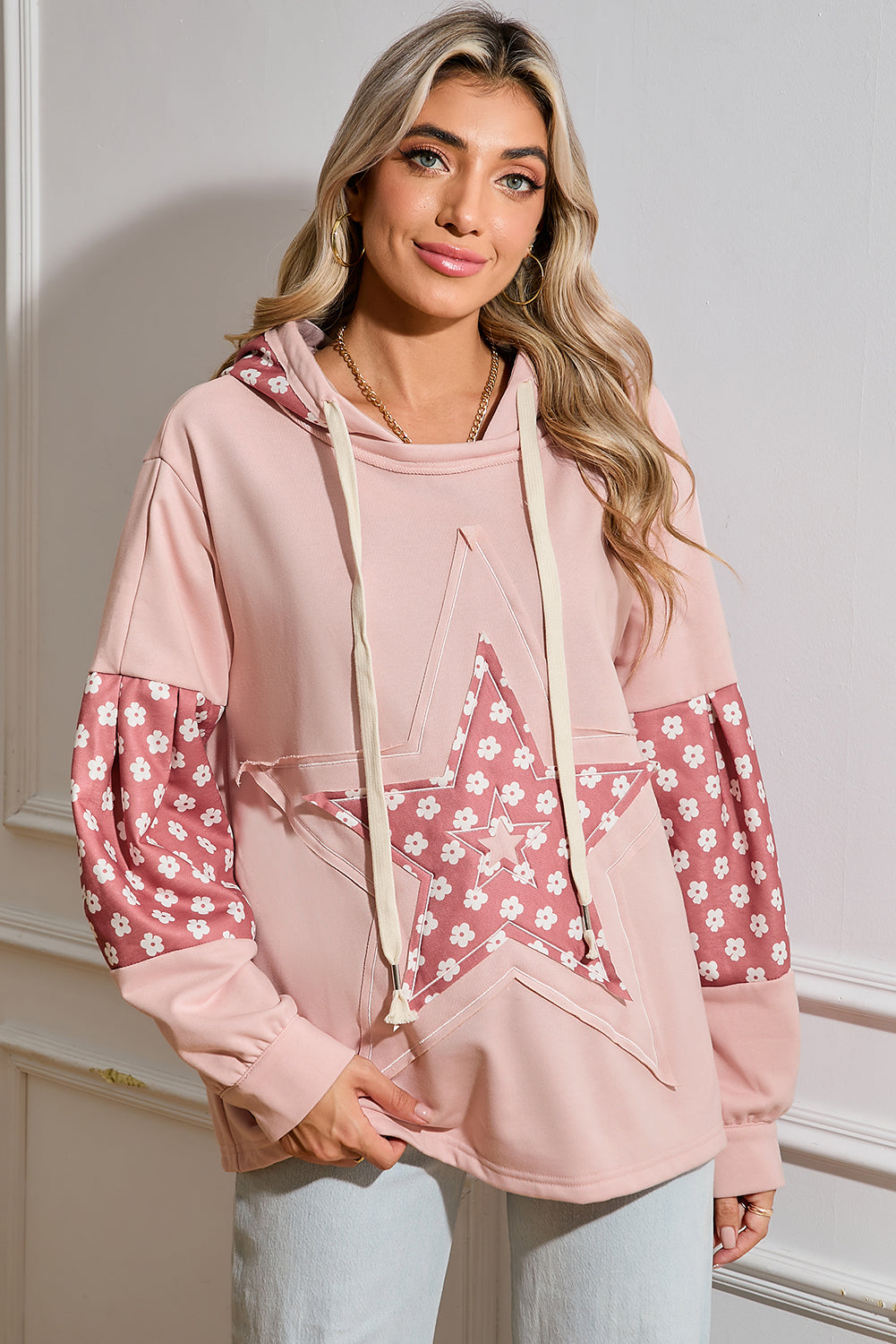 Delicacy Floral Patchwork Star Pattern Drawstring Hoodie