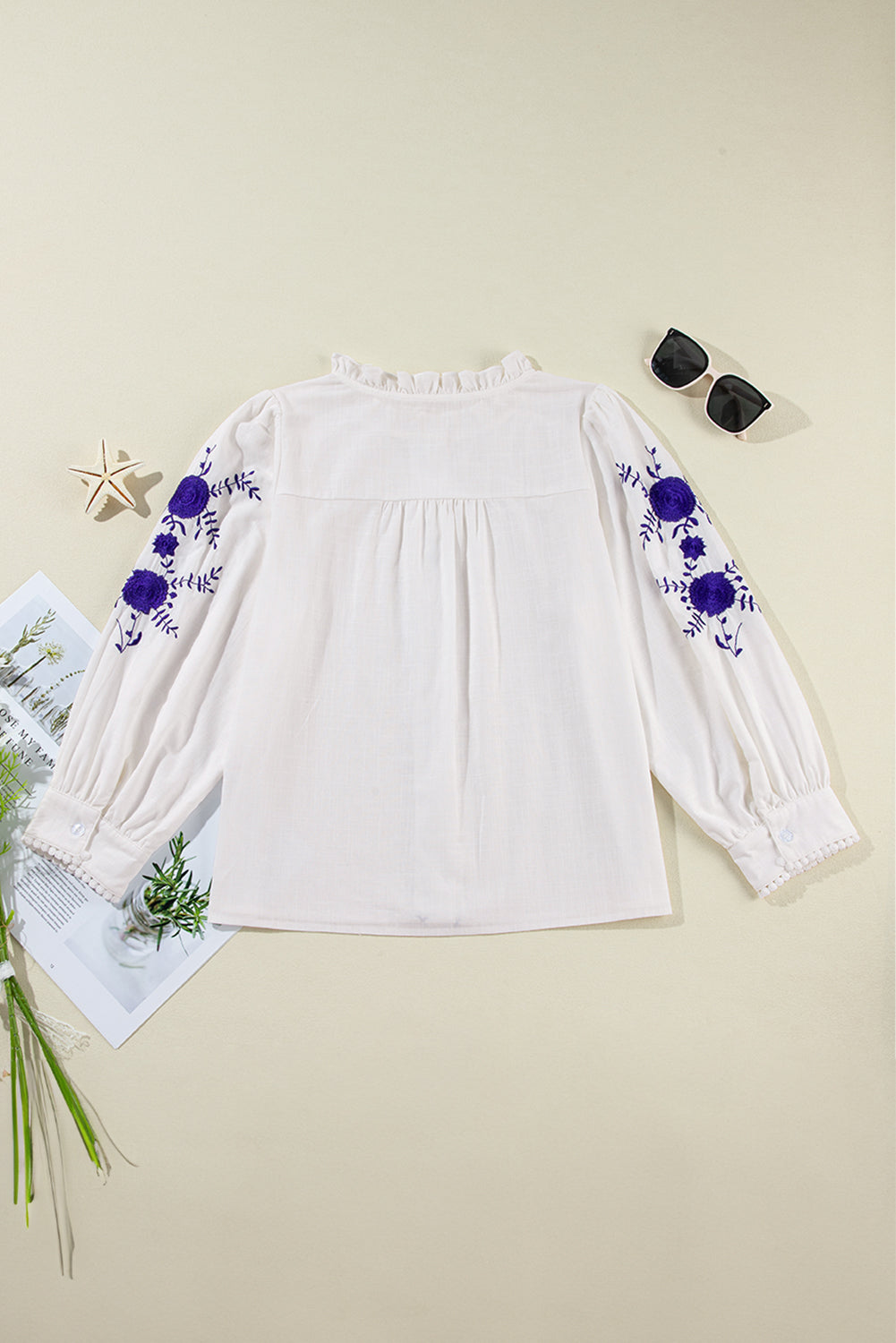 Botón de bordado bordado floral blanco blusa boho