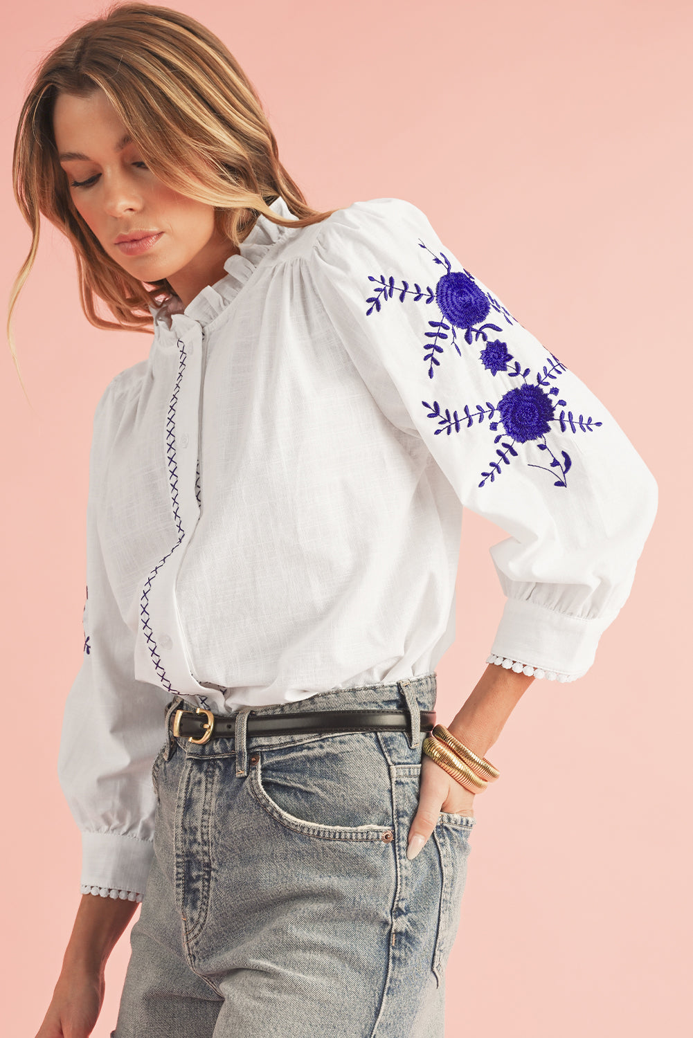 White Floral Embroidered Button Up Boho Blouse