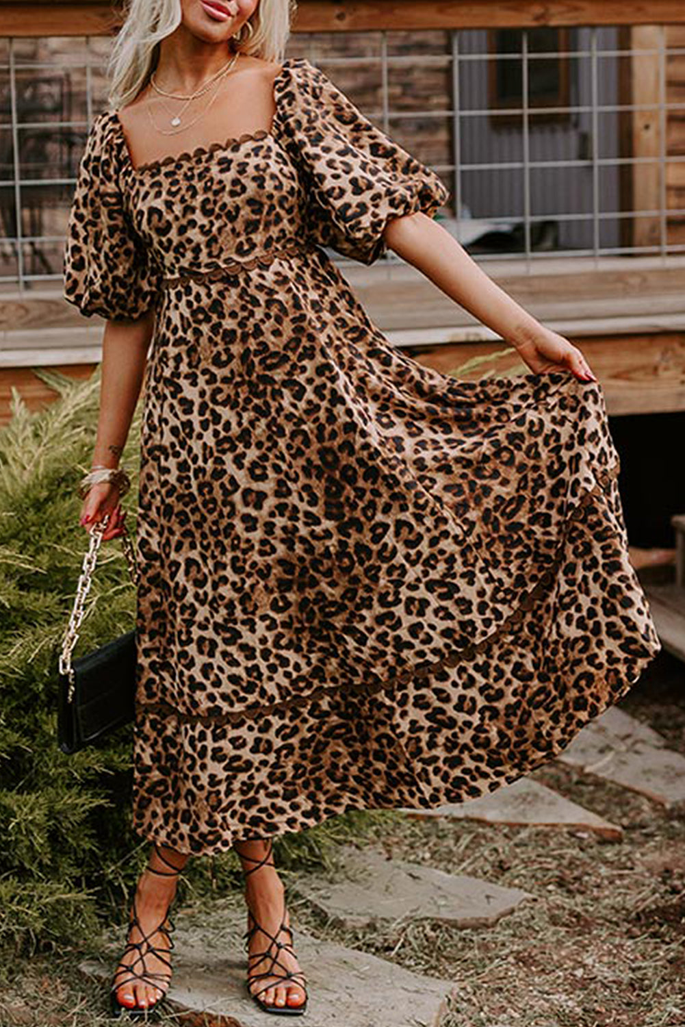 Leopard Print Maxi Dress with Puff Sleeves and Ricrac Detail