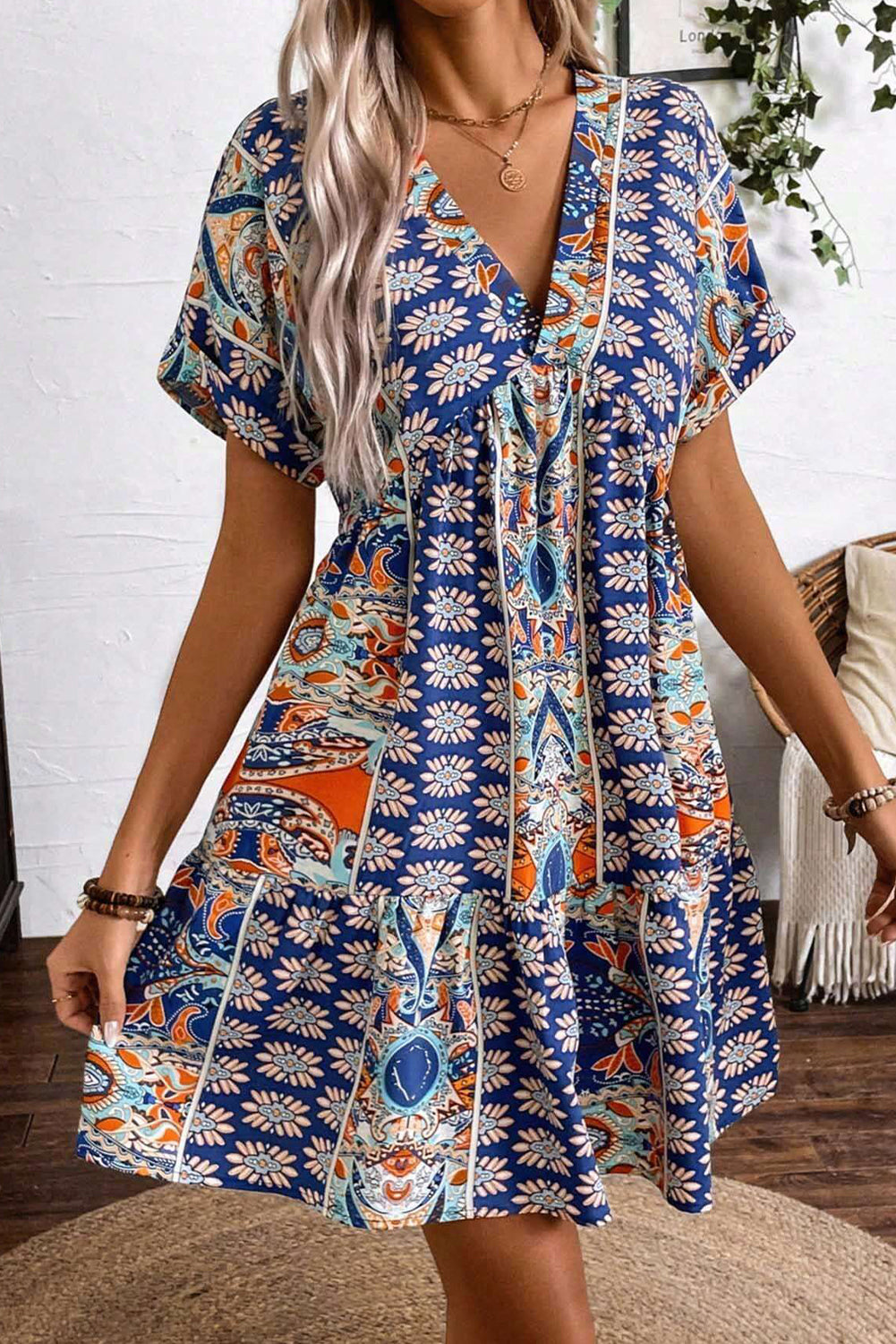 Azure Floral V-Neck High-Waisted Dress