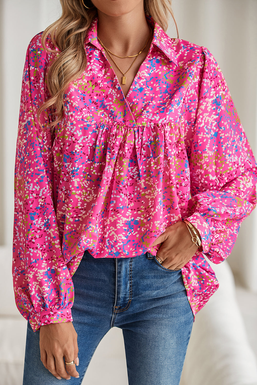 Bonbon Abstract Print Loose Fit Collared V Neck Babydoll Blouse