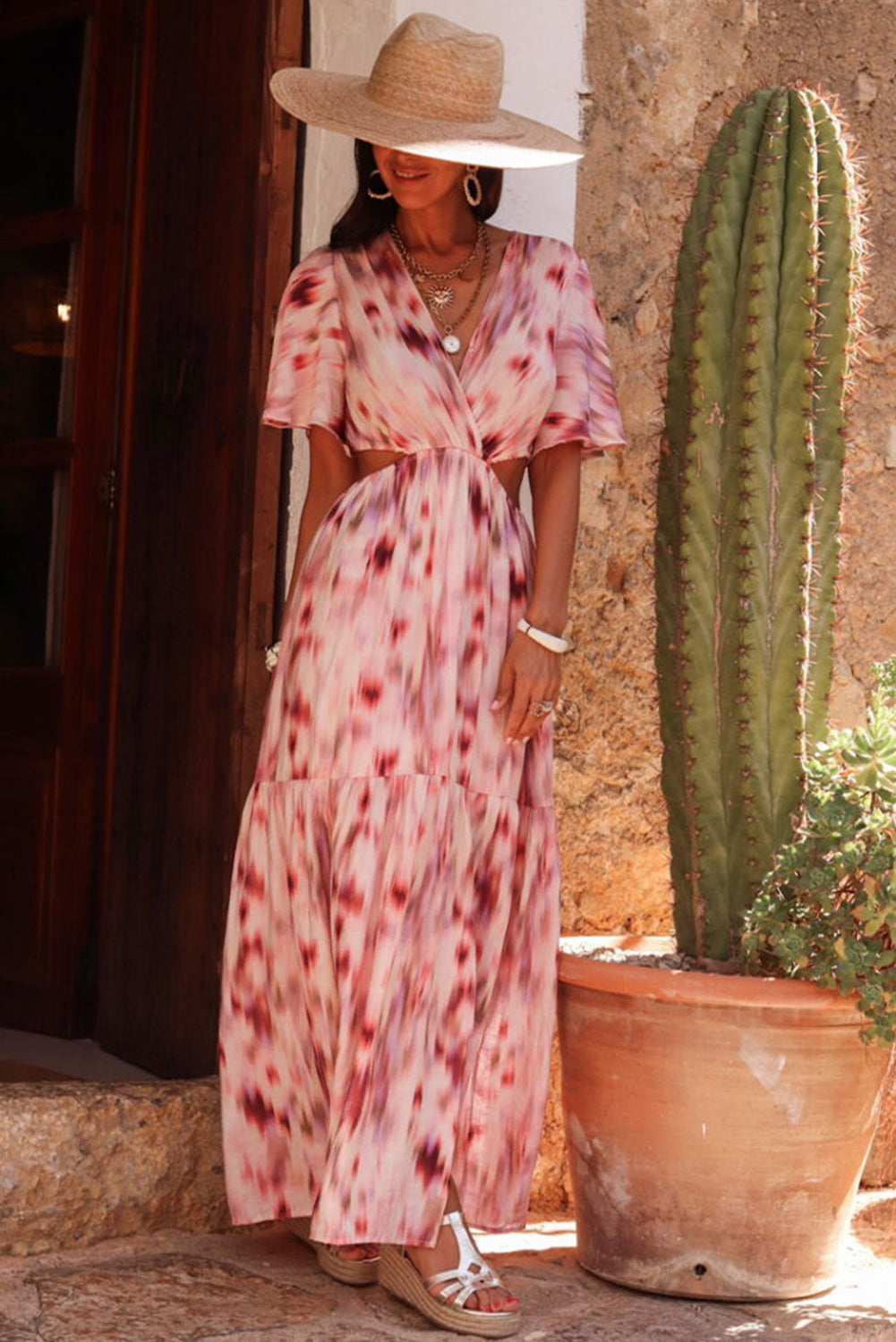 Pink Abstract Printed Flutter Sleeve Cutout Maxi Dress