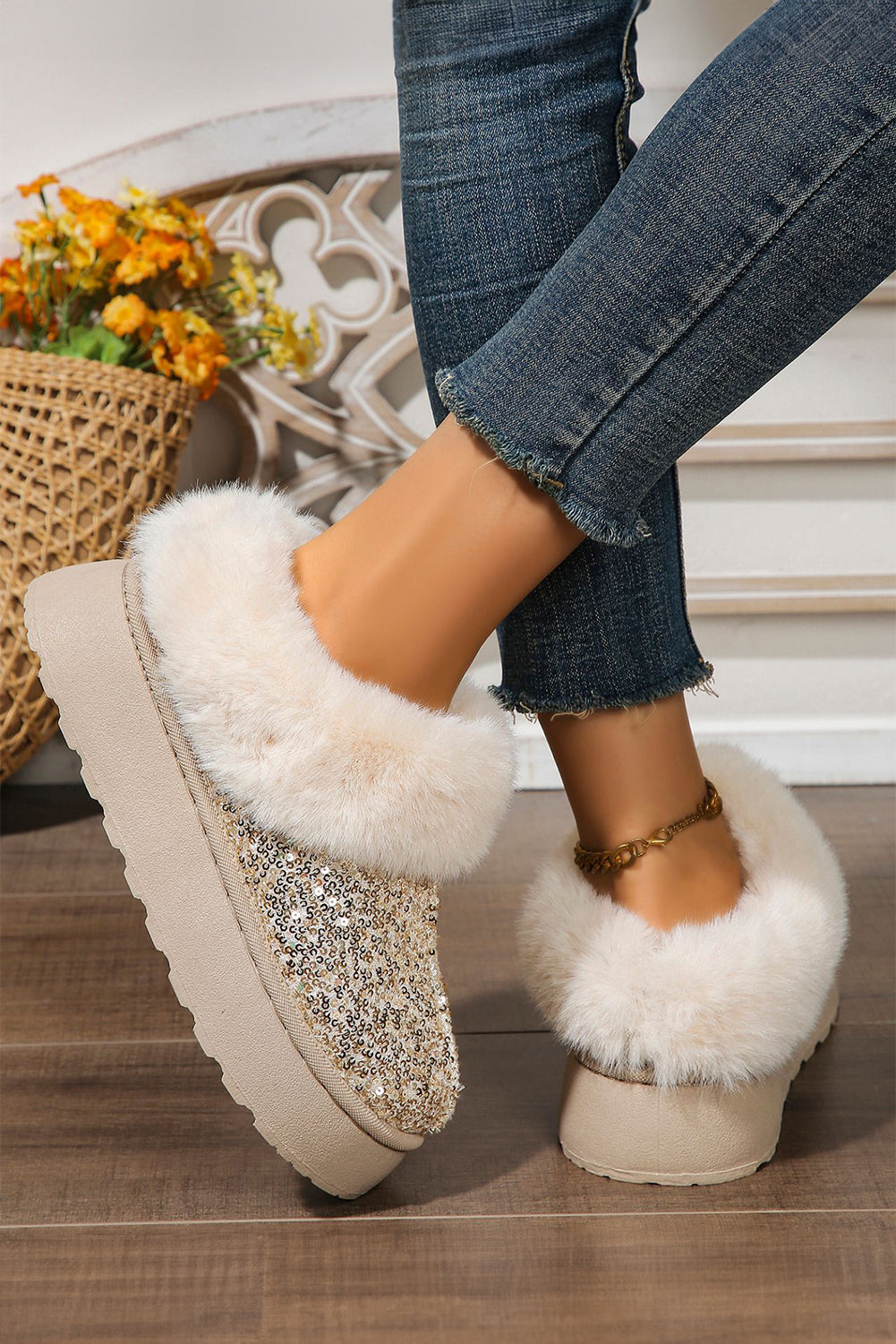 Paillettes dorées en peluche épais bottes de neige à semelle