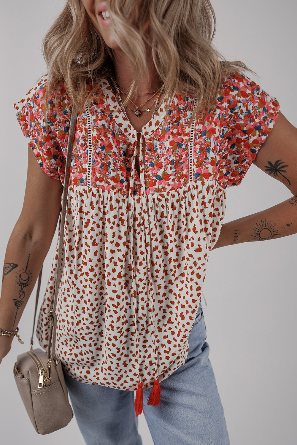 Vibrant Red Bohemian Tie Neck Blouse with Abstract Embroidery