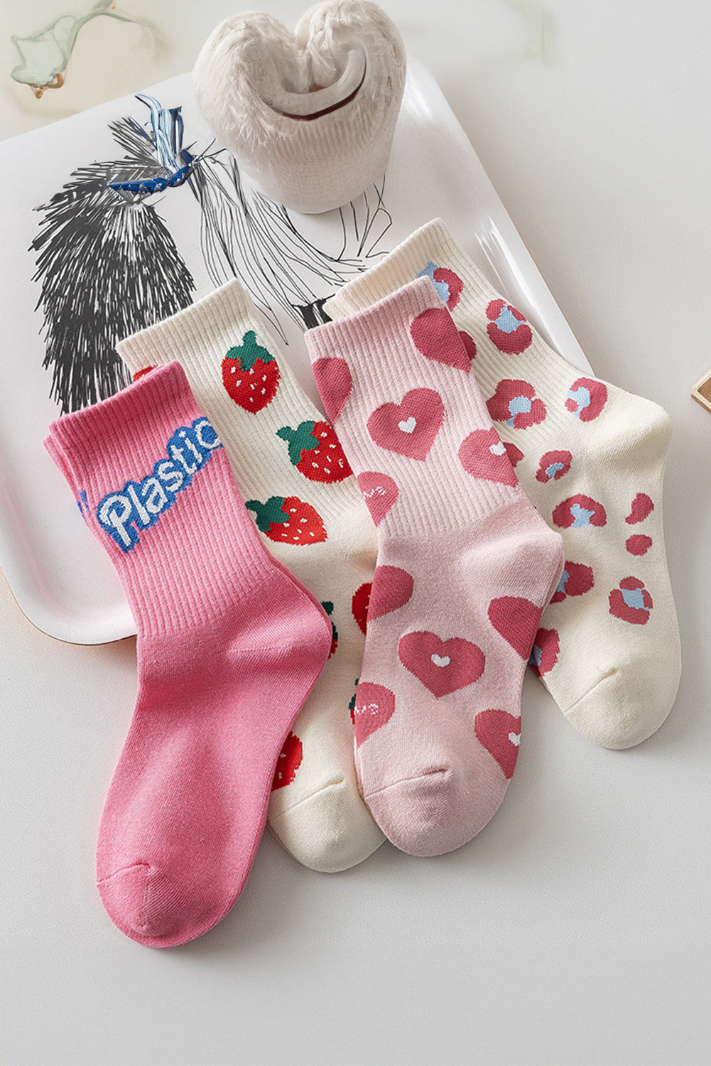 Light Pink Heart Print Ribbed Trim Soft Crew Socks for Comfort