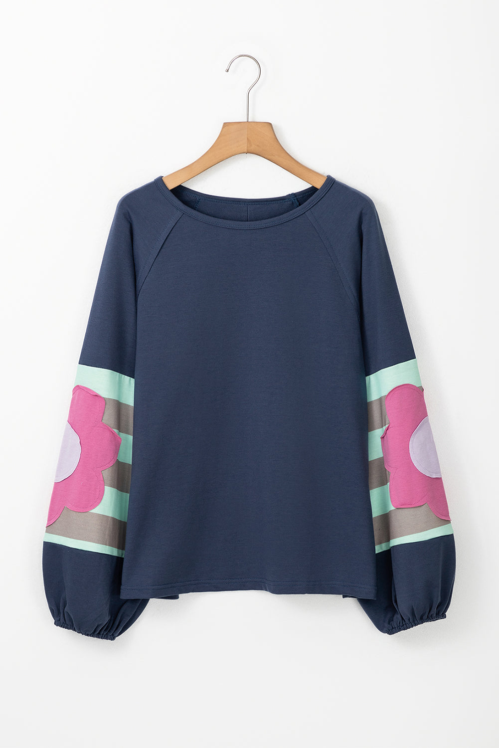 Sail Blue Flower Patchwork expuesto costura de costura Raglan Top