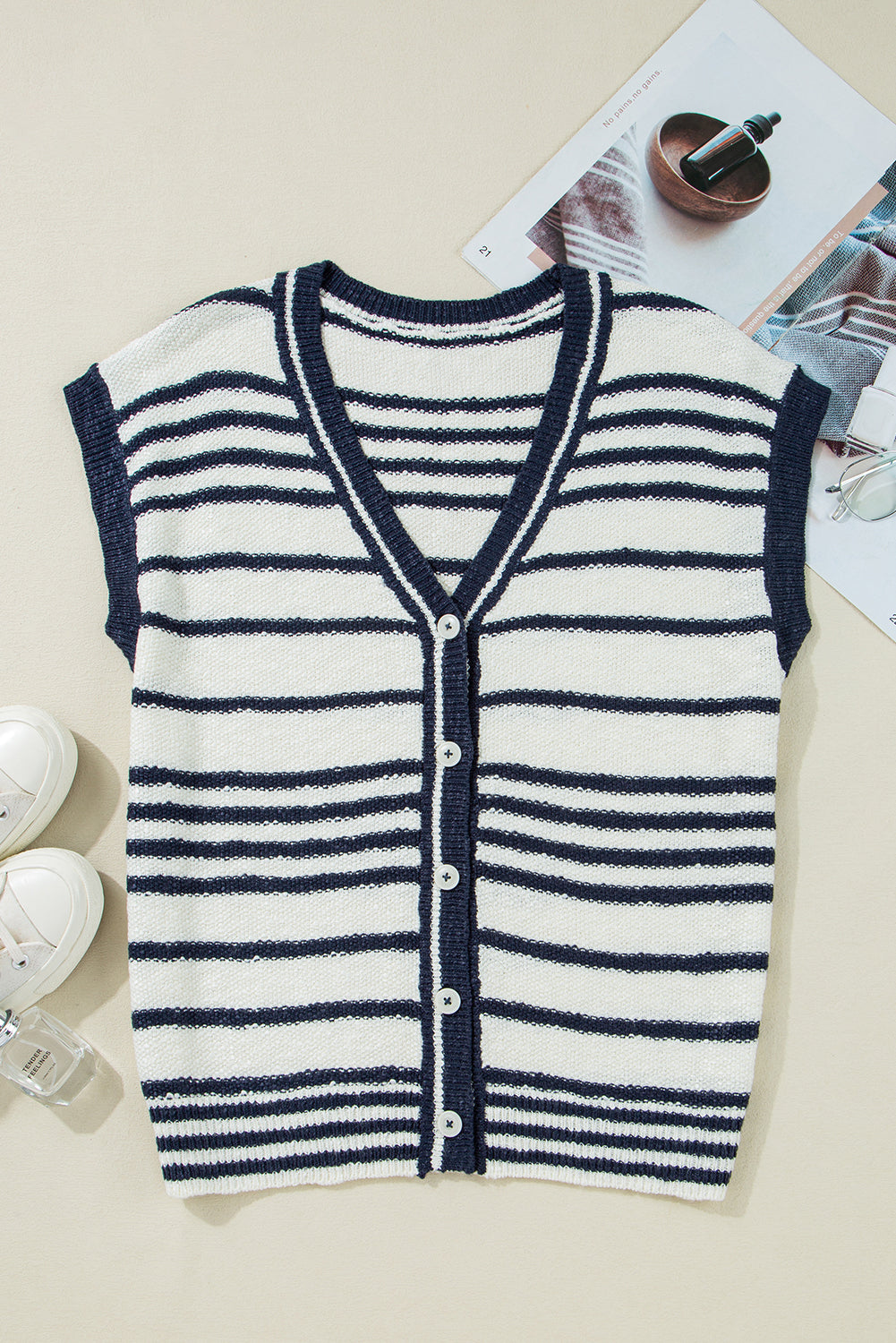 Striped Knit Vest with V Neck and Button Closure in Blue