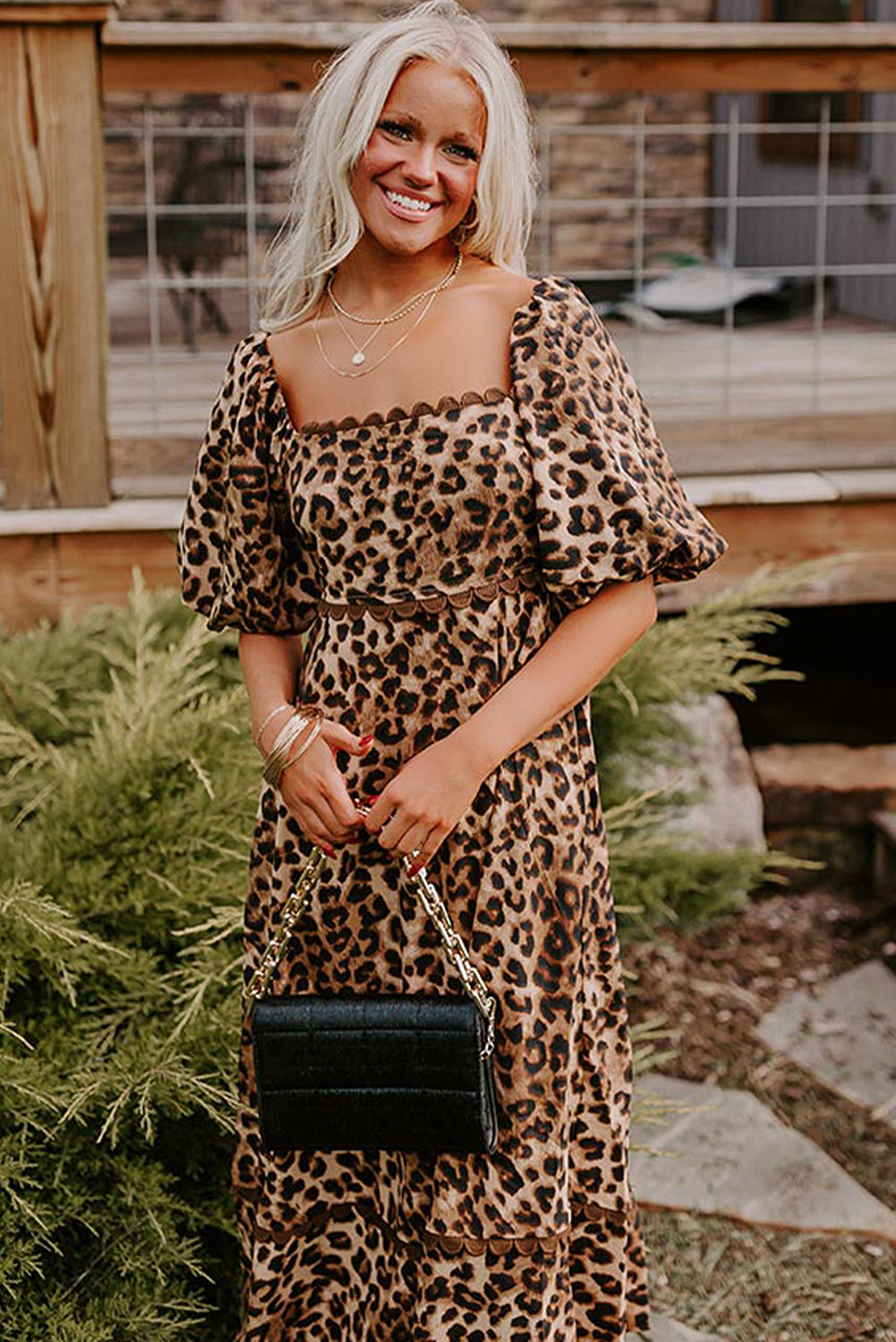 Leopard Print Maxi Dress with Puff Sleeves and Ricrac Detail