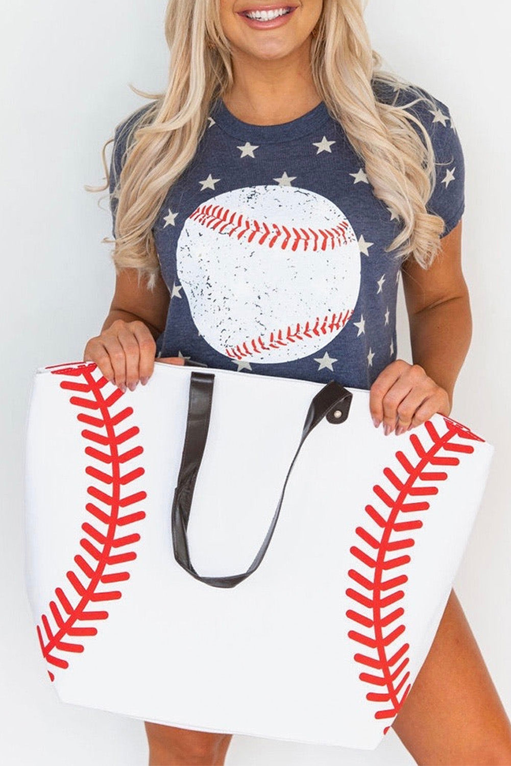 Sporty White Baseball Print Canvas Oversized Tote Bag