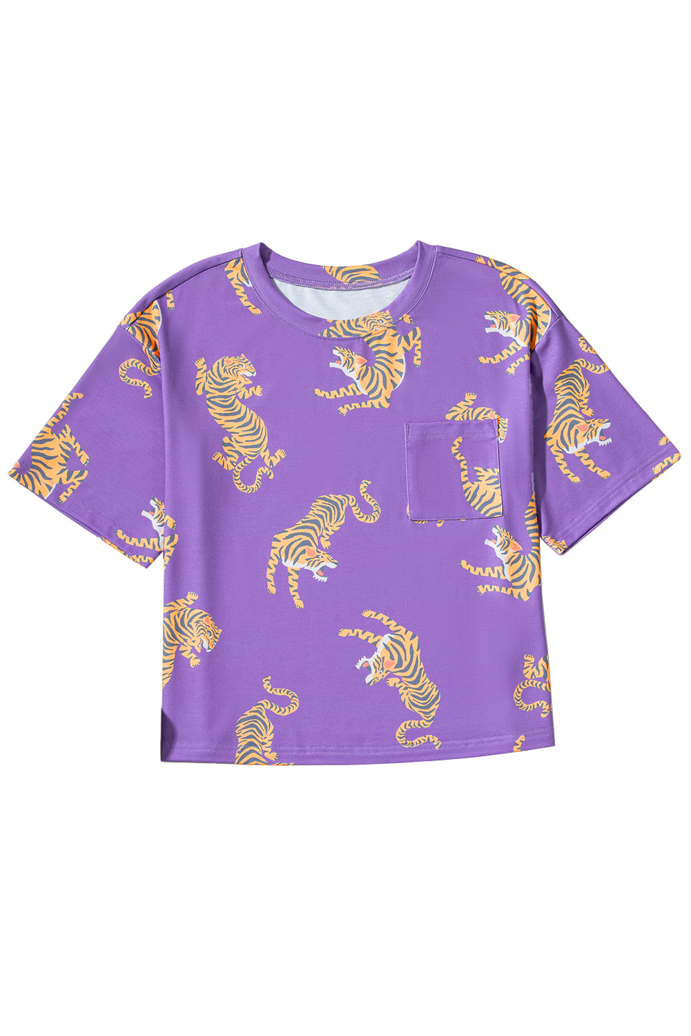 Purple Allover Tiger Print Patch Pocket Loose T Shirt