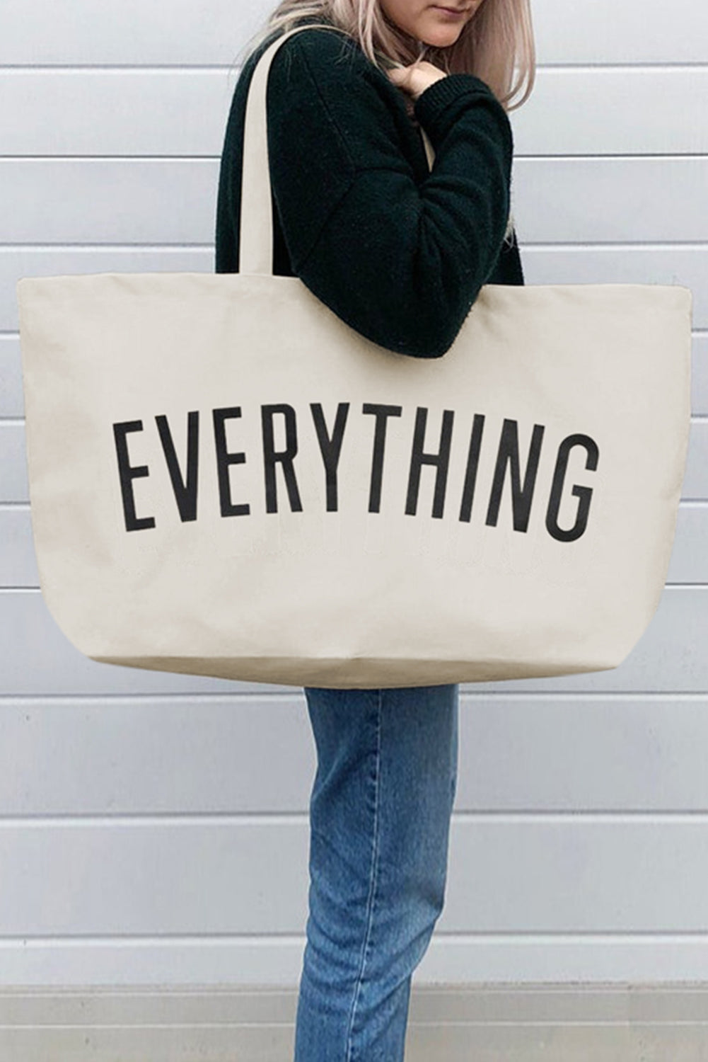 EVERYTHING Letter Print Large Canvas Tote Bag