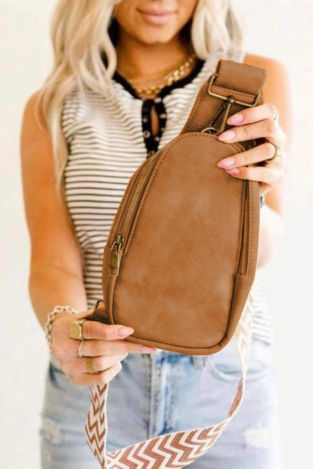 Brown Faux Leather Zipped Western Crossbody Sling Bag