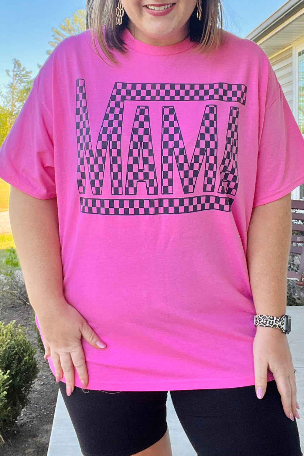 Bright Pink Checkered MAMA Letter Print Plus Size T Shirt