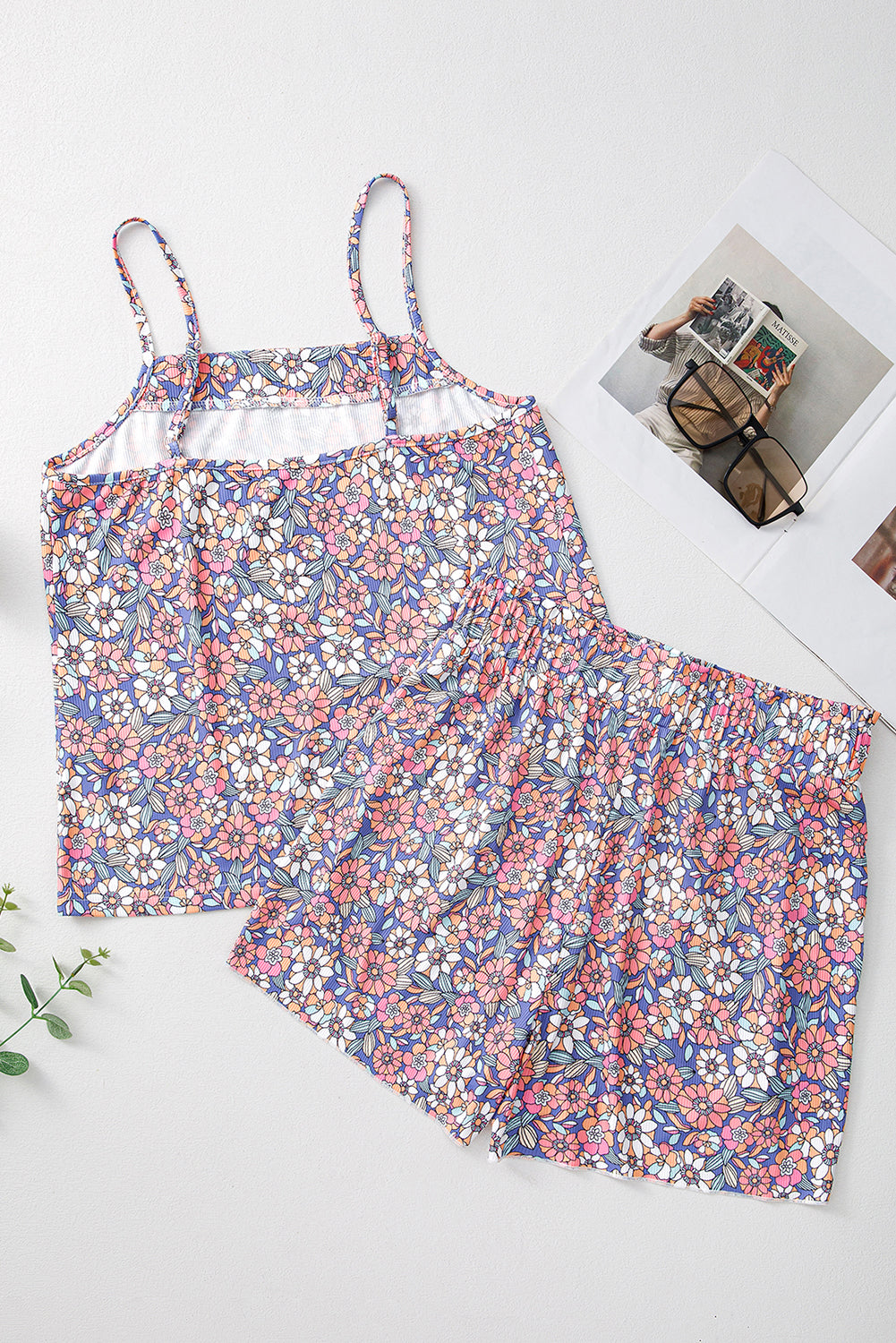 Azure Blossom Print Camisole and Shorts Ensemble