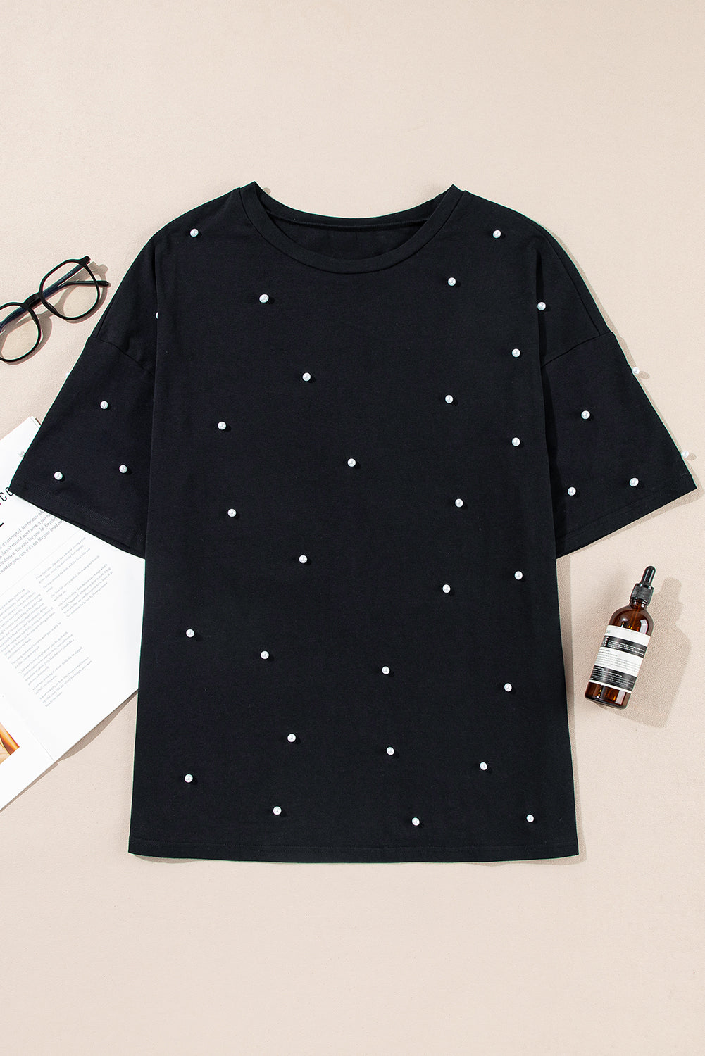 Pearl Embellished Black Drop Shoulder T-Shirt