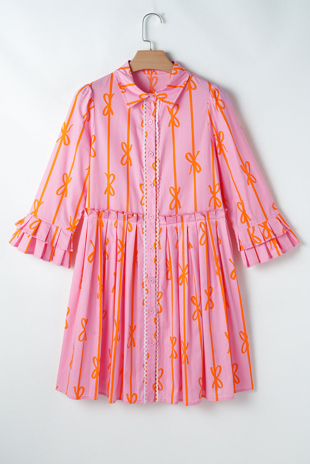 Pink Bowknot Striped Ruffle Mini Shirt Dress