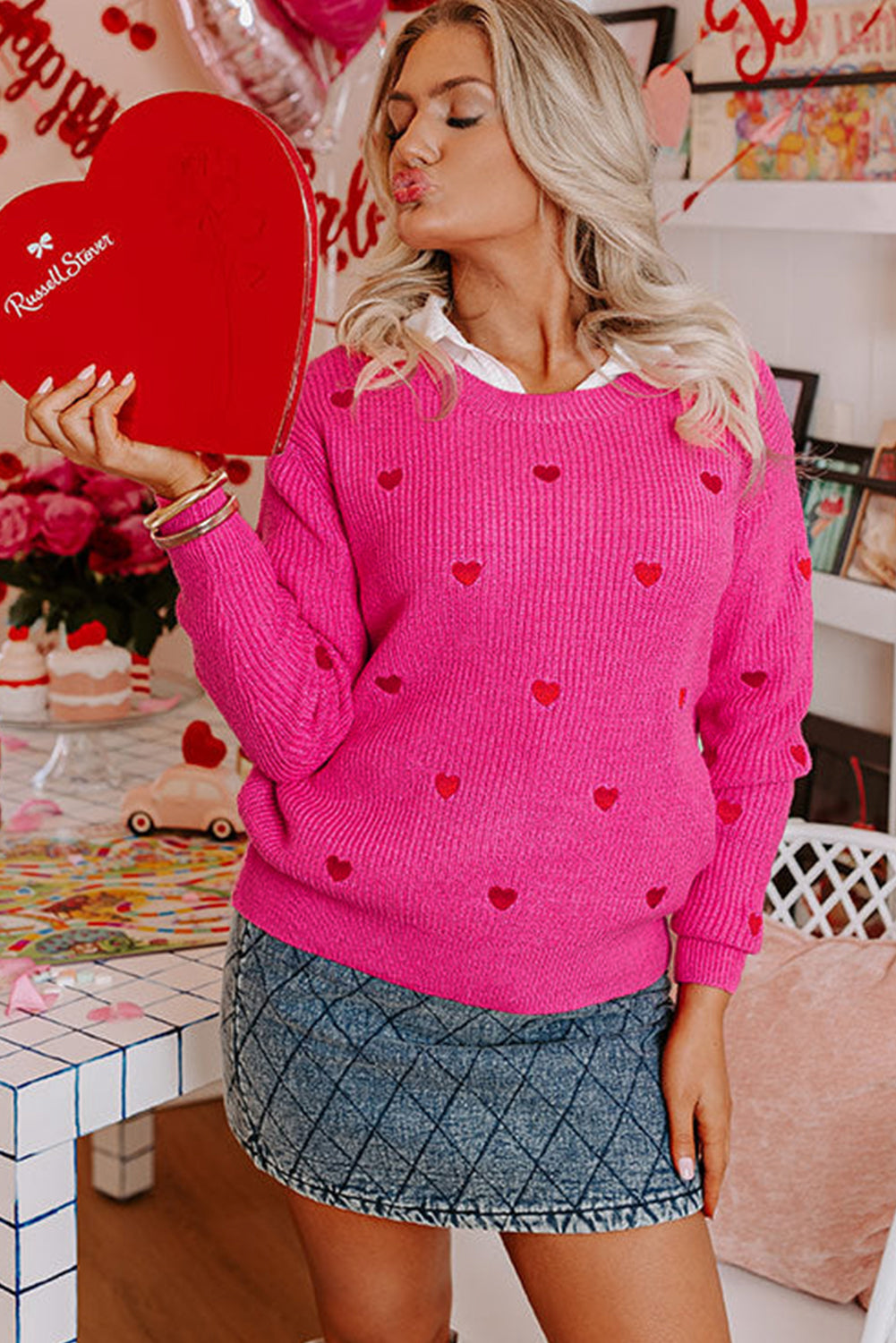 Rose Red Heart Pattern Drop Shoulder Round Neck Sweater