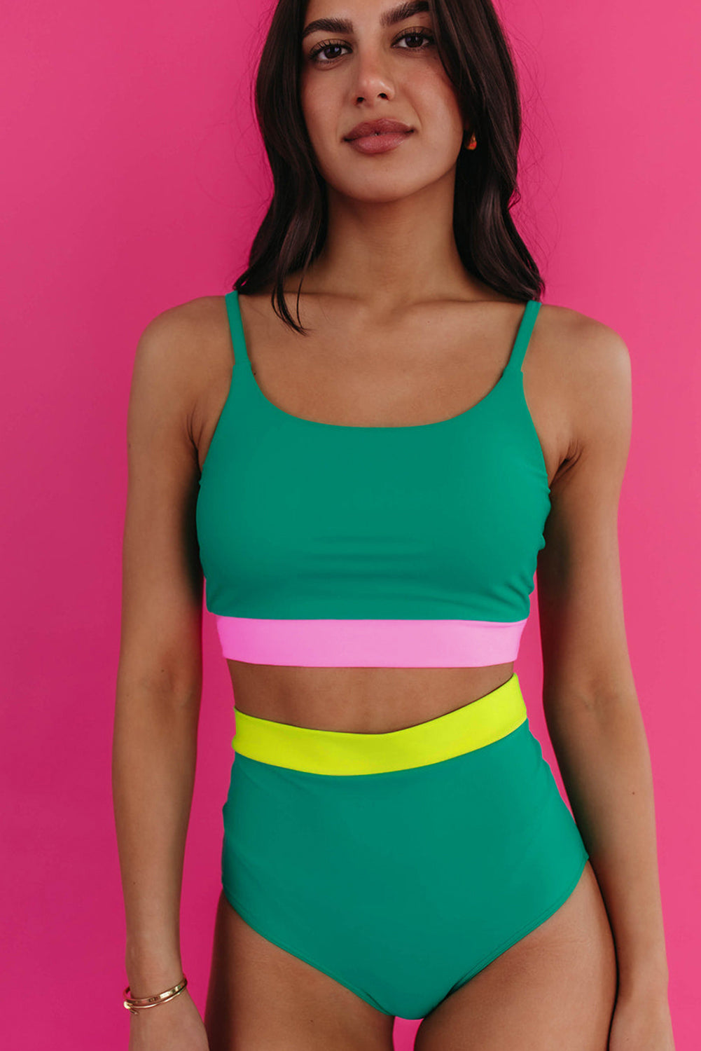 Trim à contraste vert de mer Colorblock à taille haute les maillots de bain en bikini