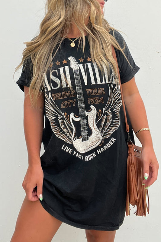 Schwarzes Mini-T-Shirt-Kleid mit „Nashville“-Gitarren-Print