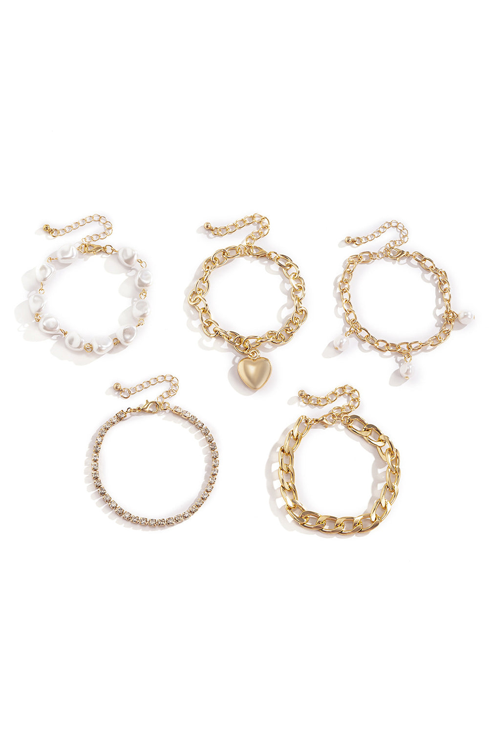 Gold 5Pcs Pearl Heart Diamond Bracelet Set for Elegance