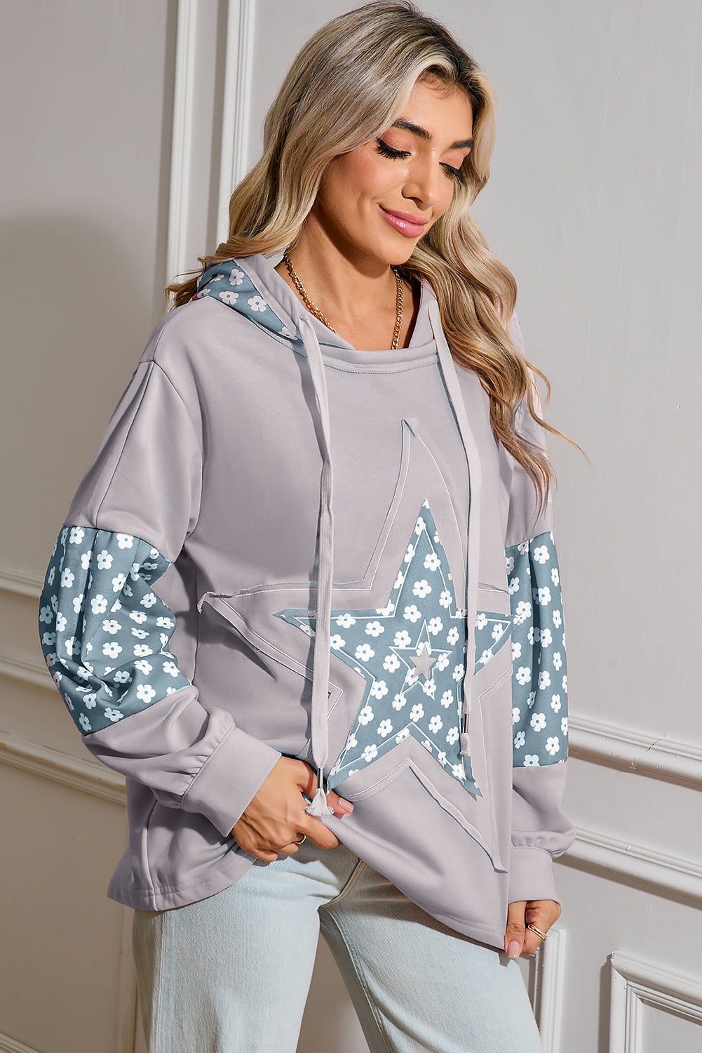 Delicacy Floral Patchwork Star Pattern Drawstring Hoodie