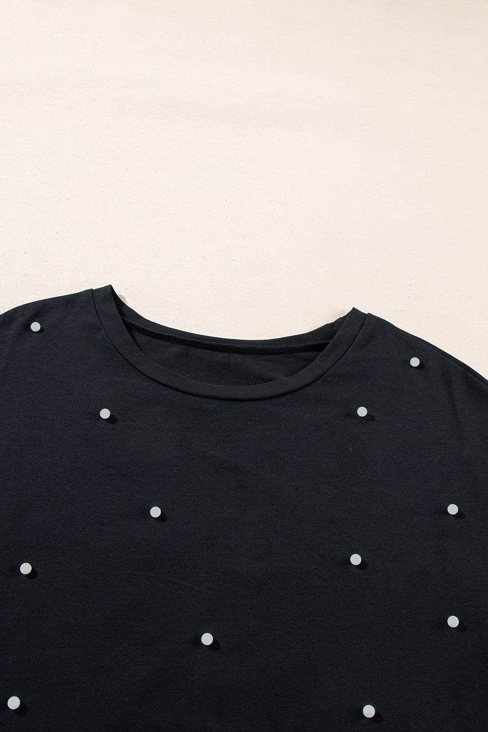 Pearl Embellished Black Drop Shoulder T-Shirt