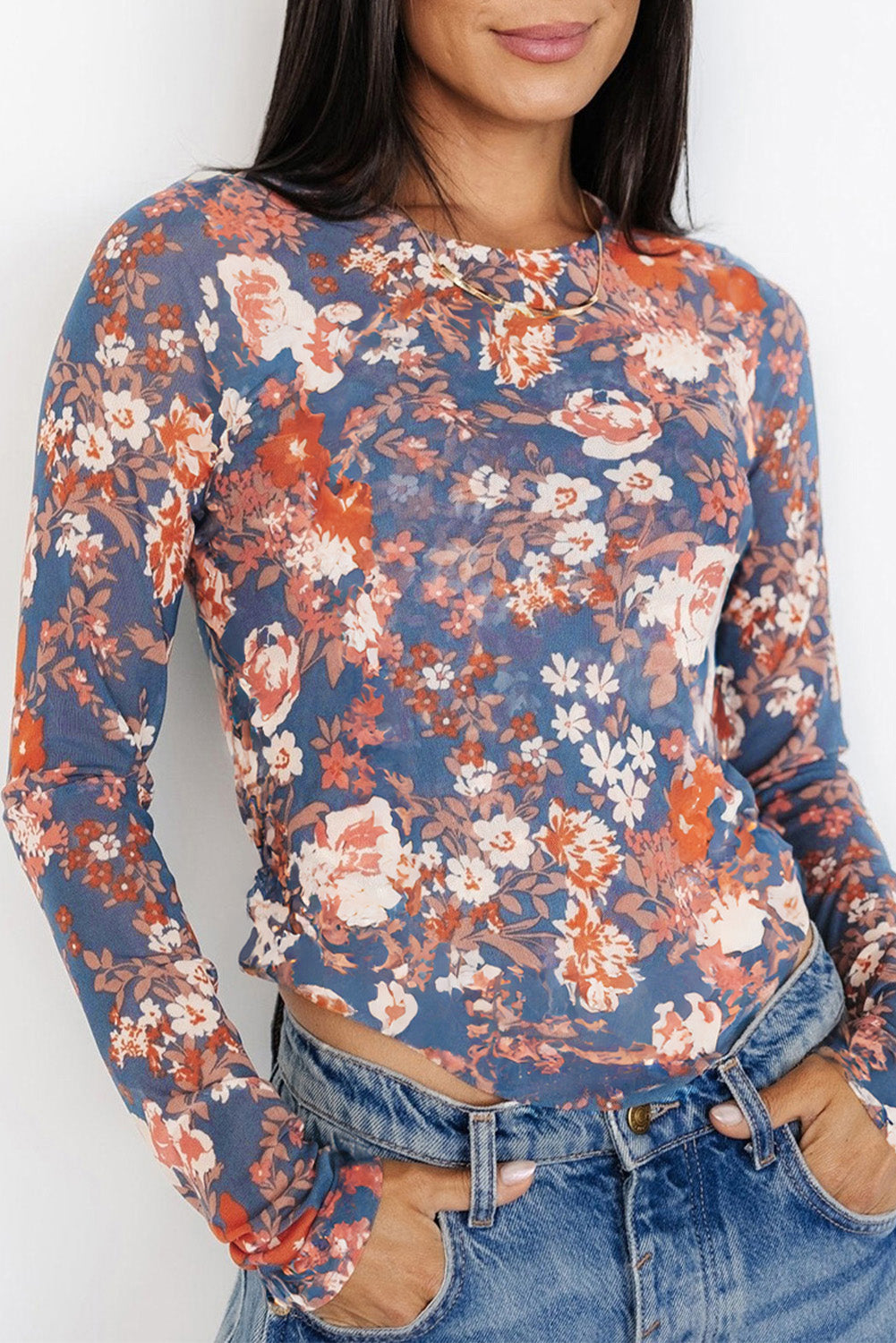 Top de manga larga de malla de estampado floral verde