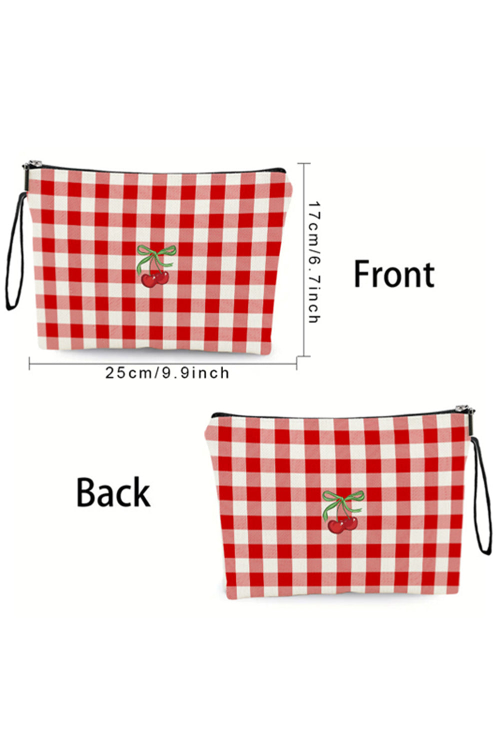 Feurig rote Kirsche Plaid Druck Handgelenk Reißverschluss Canvas Make-up Tasche