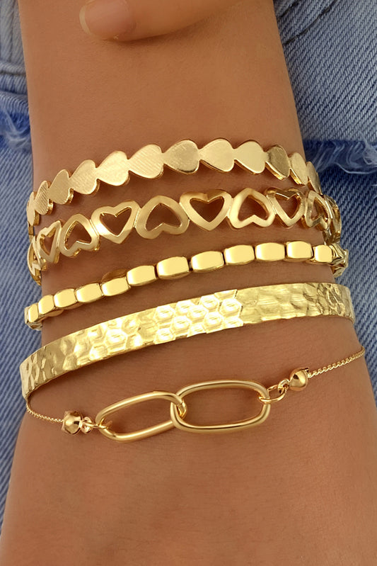 Gold Heart Plated Multi Layer Open Cuff Bracelet Set for Women