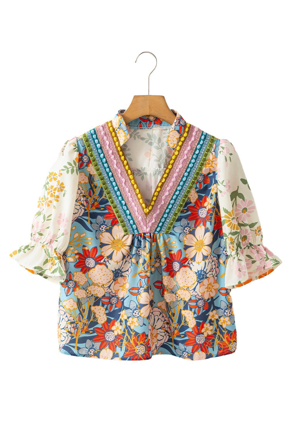 Mehrfarbige Boho-Blumenbluse mit V-Ausschnitt und halben Ärmeln