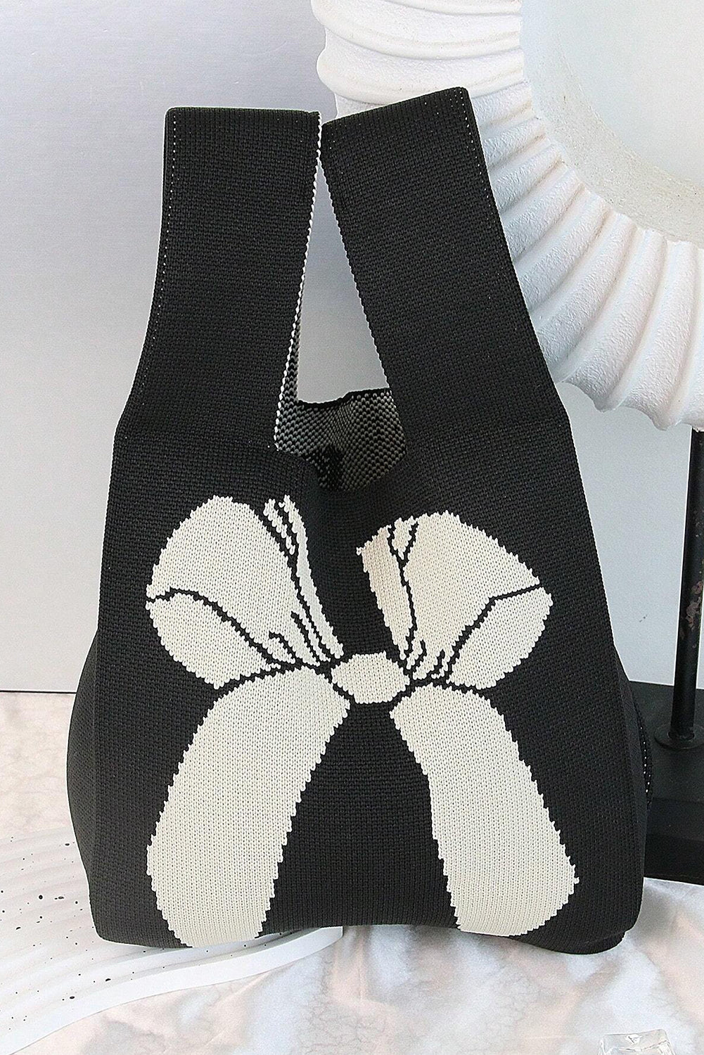 Black Colorblock Bowknot Pattern Knitted Tote Bag